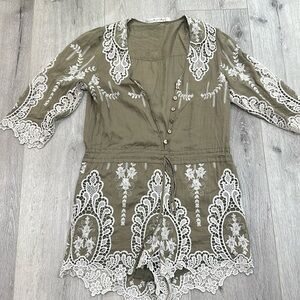 Ministry of Style Olive Green Lace Eyelet Button Up Romper